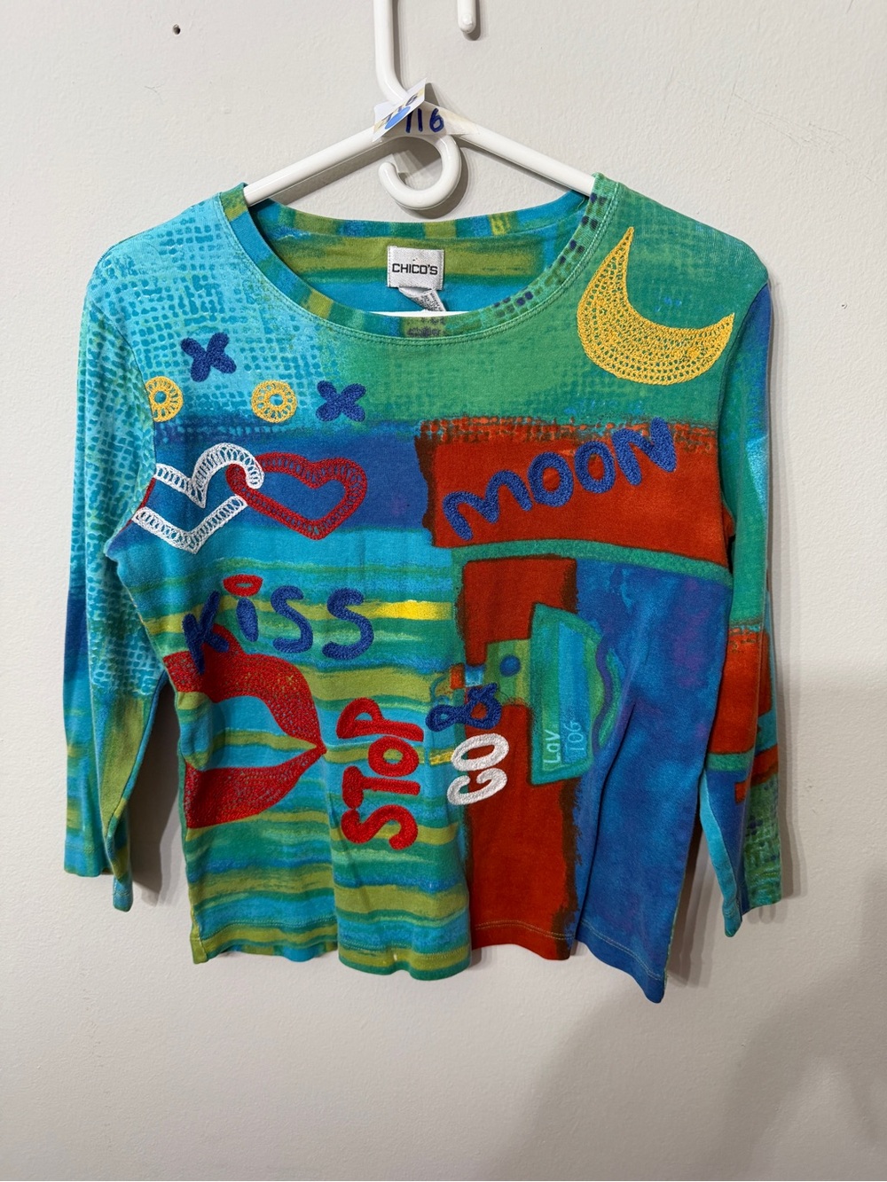 Women’s Chico’s Size 1 Medium Colorful Embroidered Graphic Art Top